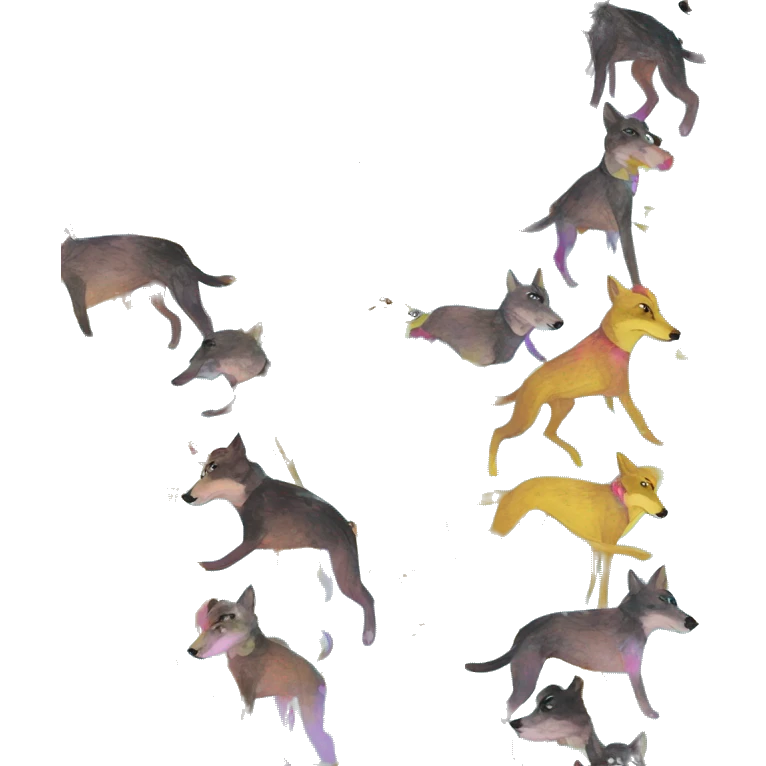  brindle brown black maroon gold lurcher Alsatian fox running blue eyes and iridescent holographic oilslick harness wearing paper iridescent tropical flower crown yellow caution tape emoji