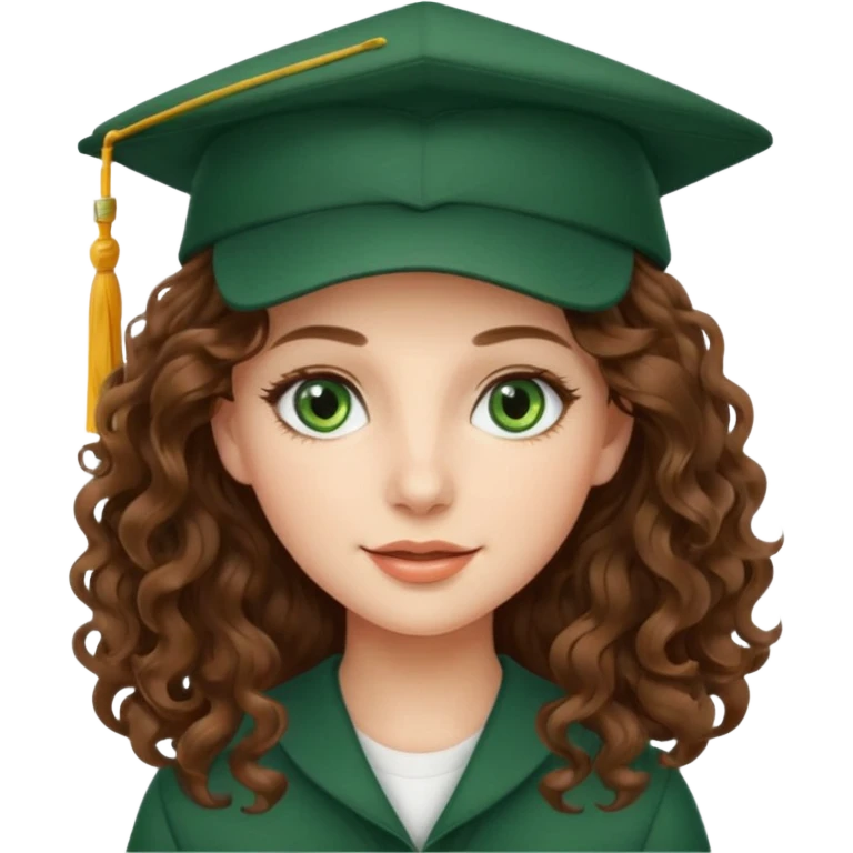 beautiful  woman with wavy-curly long brown hair and green eyes with school hat emoji