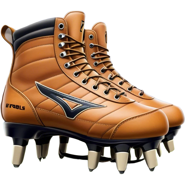 Cinematic Realistic image of a pair of AFL boots, showcasing detailed leather stitching and a rugged sole with fine cleat impressions, captured against a blurred stadium background with high-energy, dynamic lighting emoji