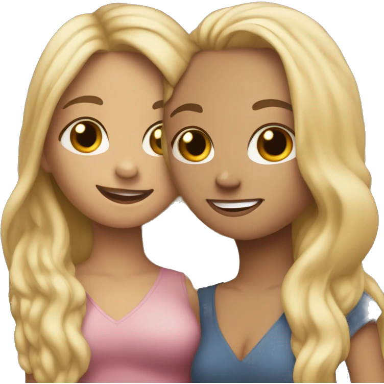 Two girlbestfriends brunette, blonde, wearing their hair down hugging emoji