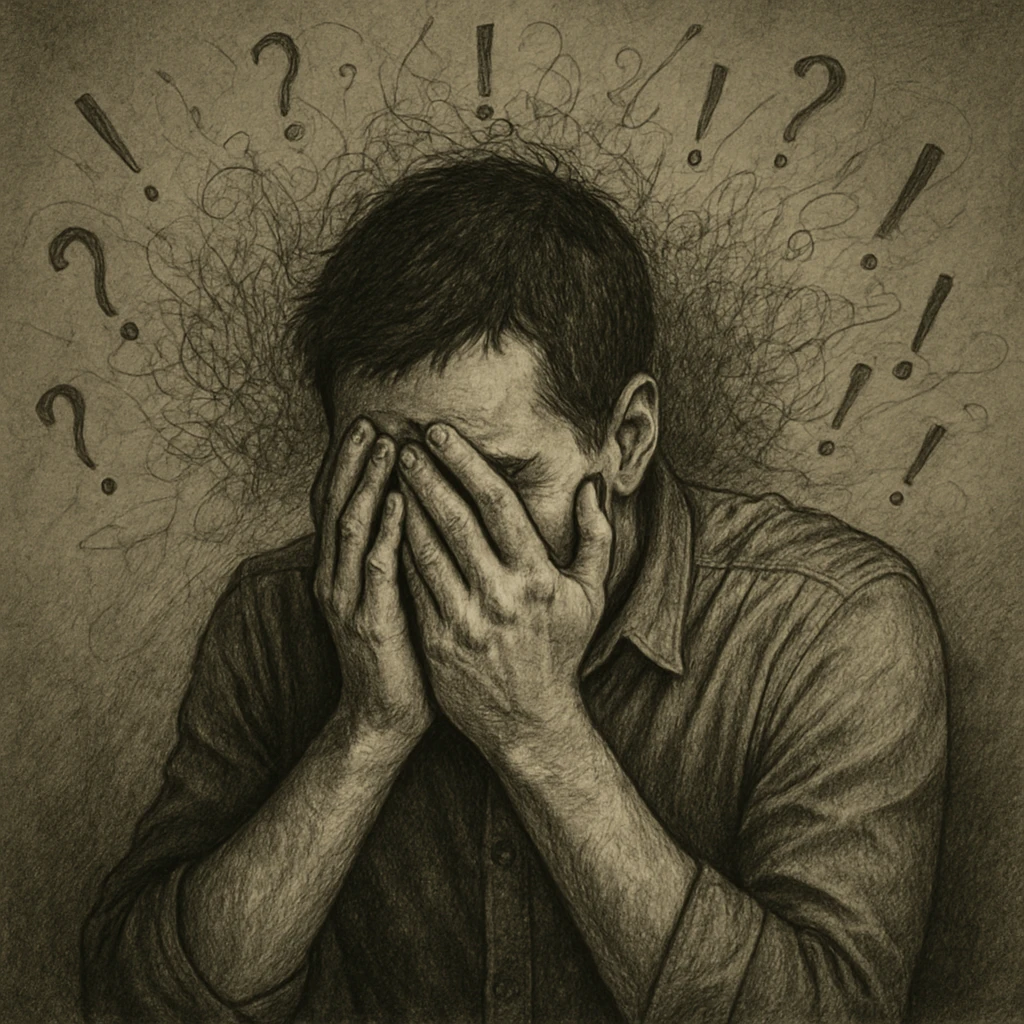 Realistic or illustrative style image of a 30-year-old man suffering from anxiety, inspired by the reference image. The man has his face in his hands with a desperate expression. The background shows graphic signs of chaotic thoughts, conveying an atmosphere of mental discomfort. emoji