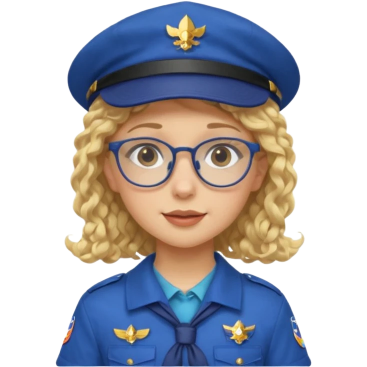 scout girl with blue scout uniform including hat, blonde curly haired and glassess emoji