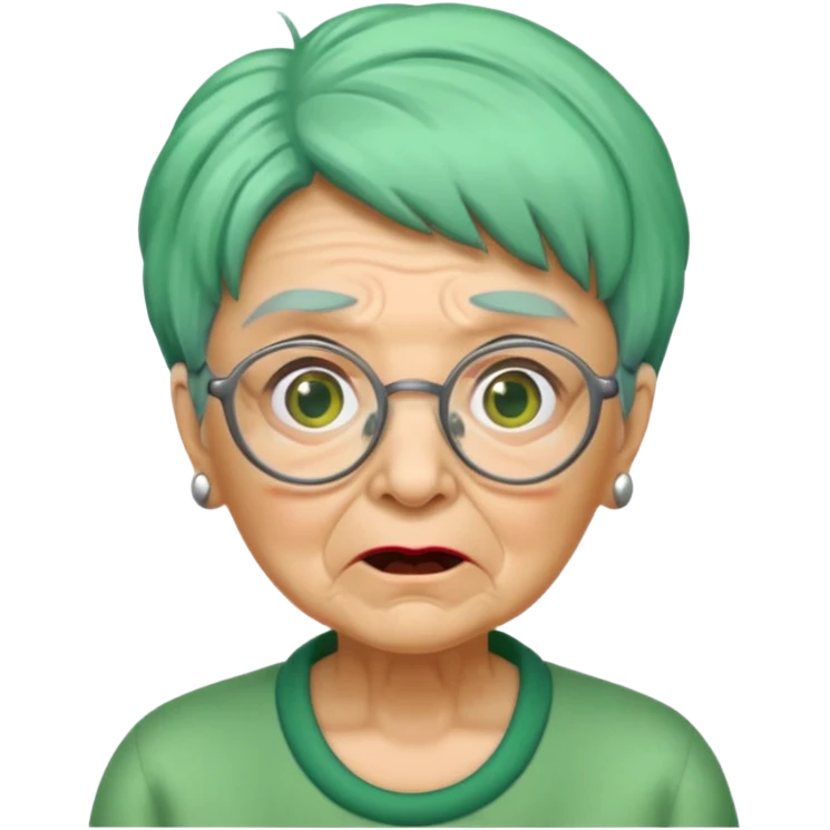 green haired grandma with wrinkles and glassess, surprised emoji
