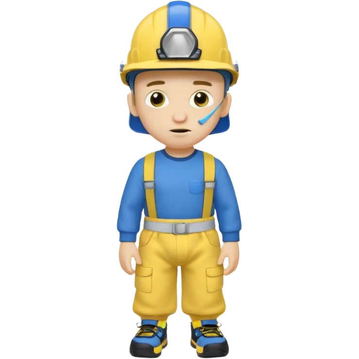 a character with a blue helmet,a pencil up his nose,a yellow shirt what says jeffy,and a nappy/diaper on the outside of hiv navy pants and black shoes emoji