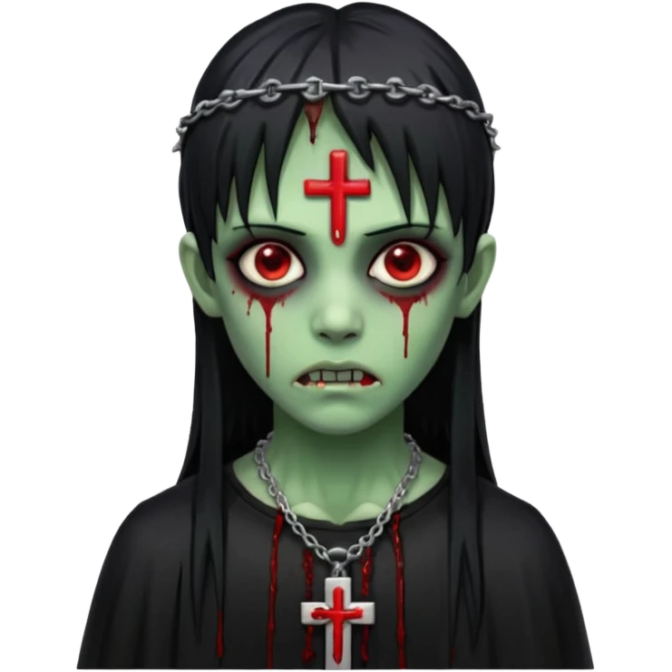 zumbi verde com olhos vermelhos sangrando e franja roupa preta e um crucifixo como colar emoji