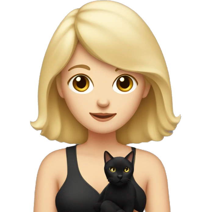 Blonde mom with bangs holding black cat with white chest emoji