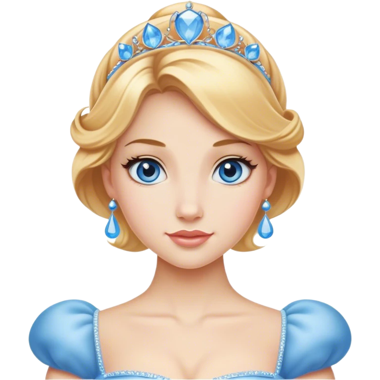 Cinematic Realistic Comical Cinderella Portrait, with every detail rendered realistically—from the soft, smooth texture of her fair skin to her artfully styled golden-blonde hair. Her bright blue eyes are wide with playful disbelief, and her expression carries a touch of whimsical humor while retaining elegant poise. Her classic ball gown, detailed with rich fabric textures and natural shadows, catches the light in a way that blends refined beauty with a hint of cheeky mischief, creating a striking, lifelike portrayal. emoji