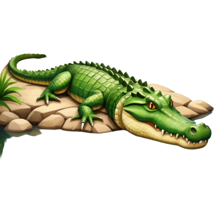A large crocodile resting on a riverbank, part of its body in water, realistic scales and reflections, natural sunlight. emoji