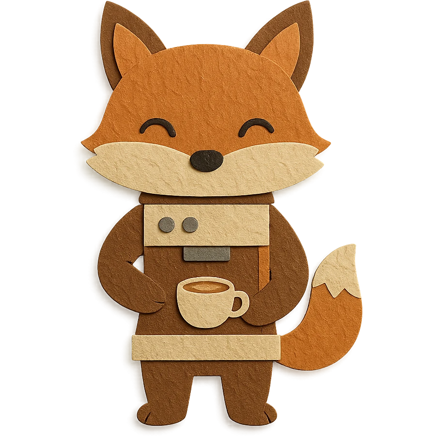 brown and beige coffee maker fox holding a tiny latte cup, soft pastel, full-body emoji