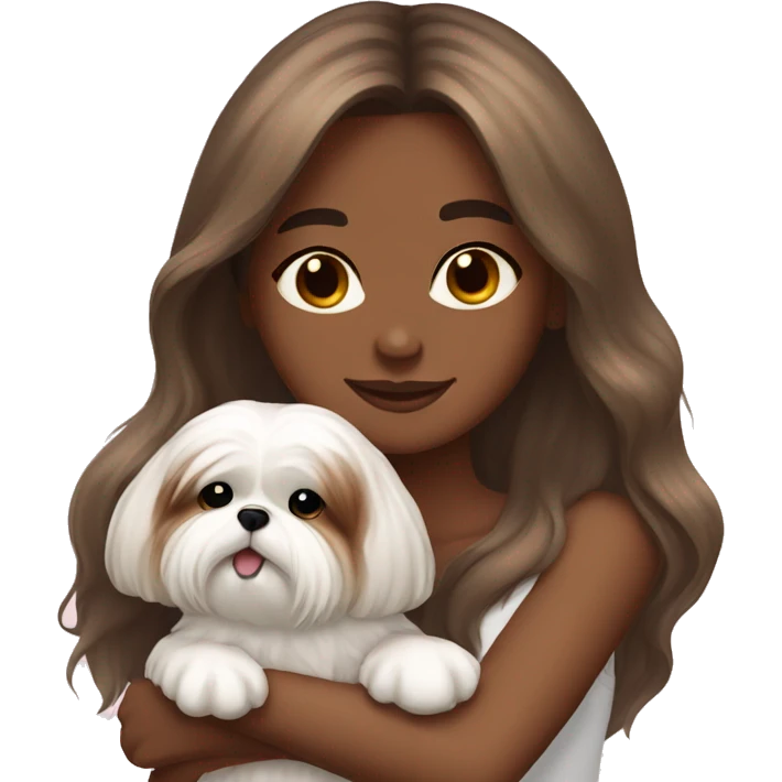 Brown skin girl long hair, hugging her white Shih tzu emoji
