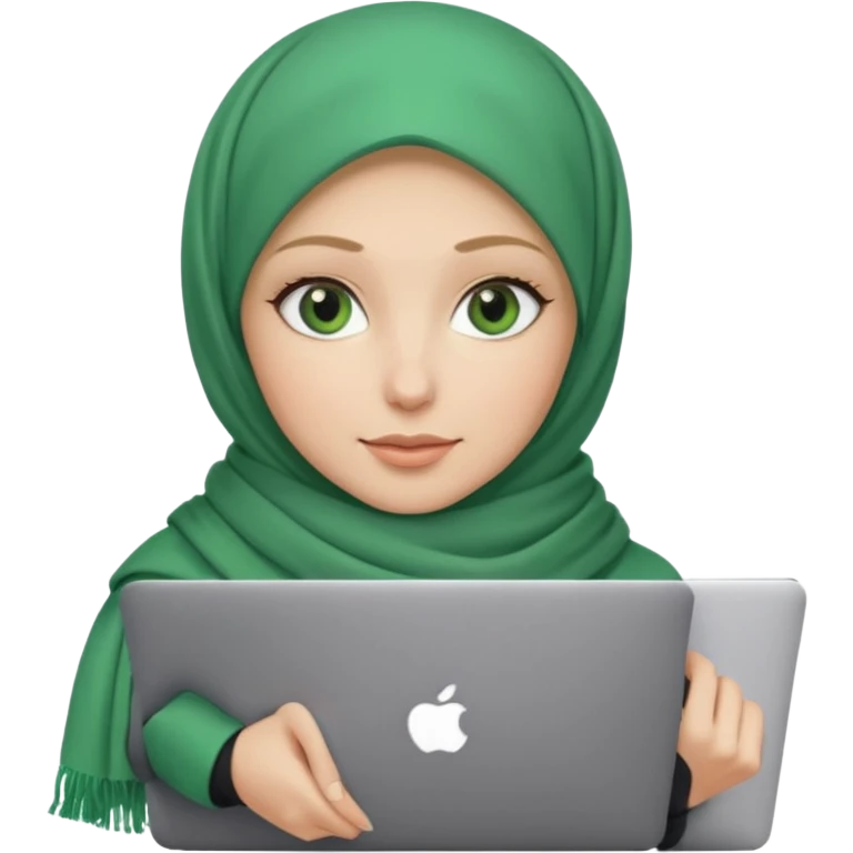 blond women skine , with green eyes , with scarf hijab . with macbook emoji