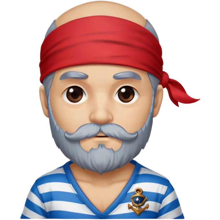 A cute pirate first mate, red bandana, eye patch, blue striped shirt, grey beard, logo emoji