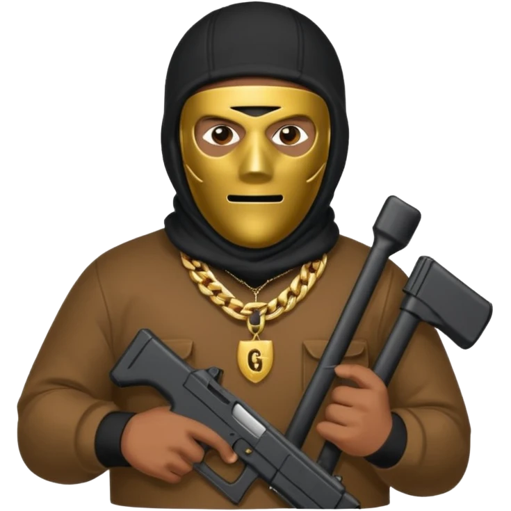 Big mexican dude with ski mask on and holding a glock while wearing a big gold chain on his neck emoji