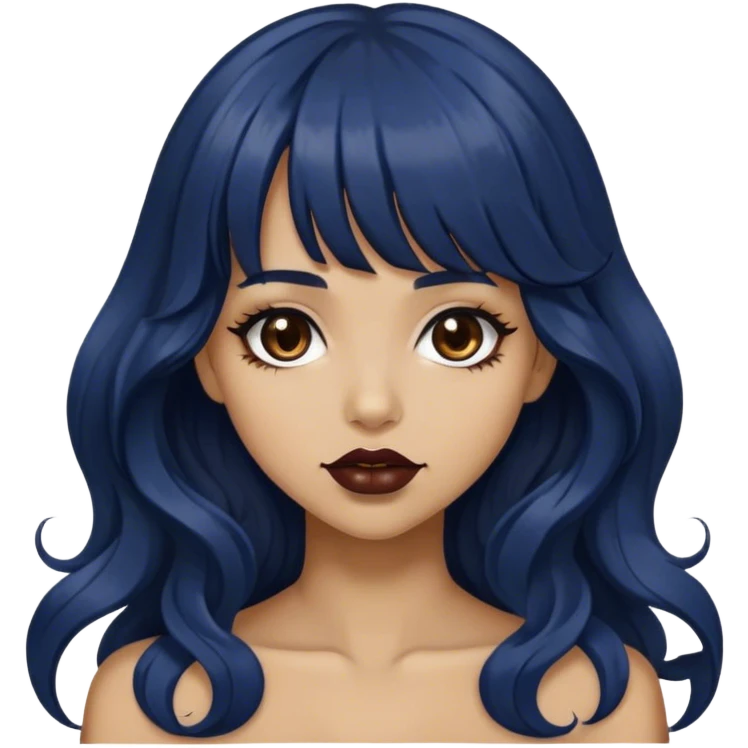 tan girl with very long dark blue wavy hair, bangs, brown lipstick and dark brown eyes  emoji