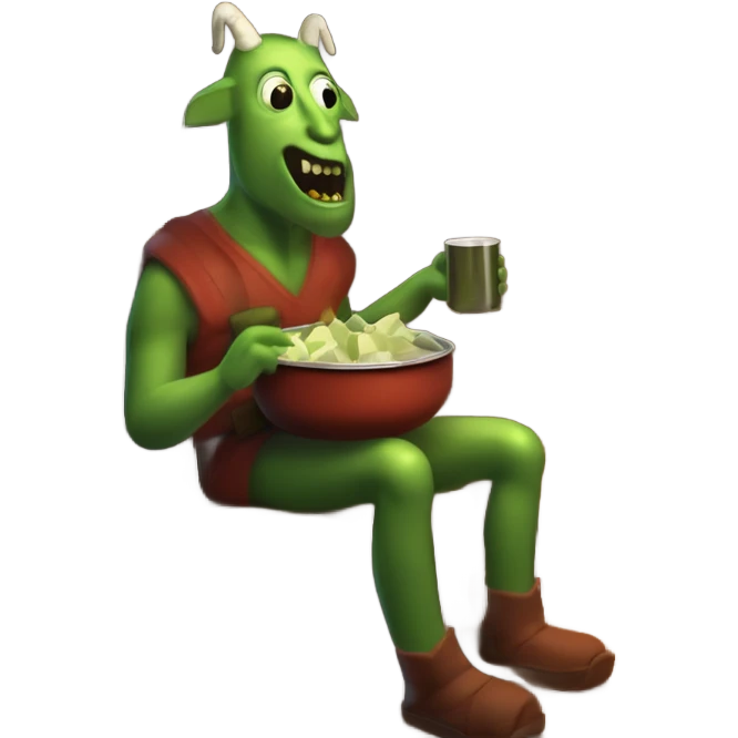 Pickle man in a cabin drinking a pot of goat cheese with his Demonic creature pet warming itself by the fireplace  emoji