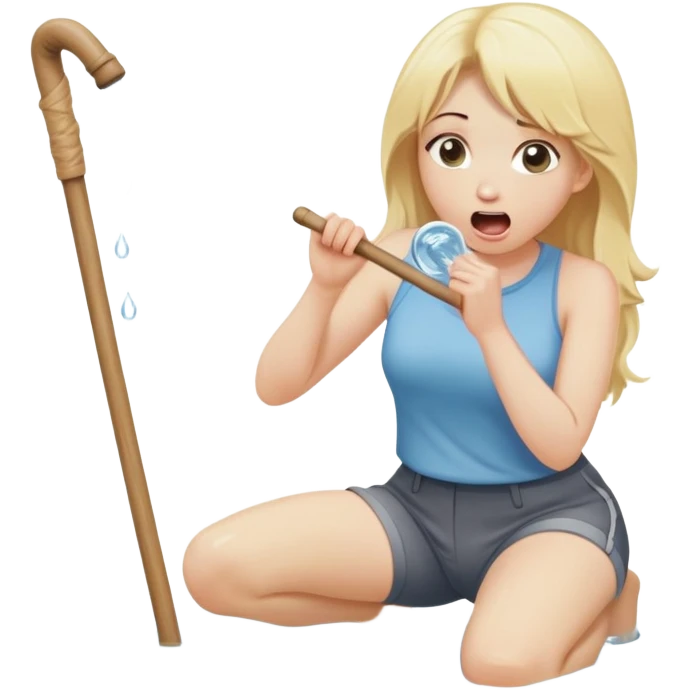 blond woman kneeling, holding a wide skin-colored stick with a D-shaped knob with skin texture, the stick emerging from a pair of hanging trousers, water squirting from the flat side of the knob into her mouth, shocked face emoji