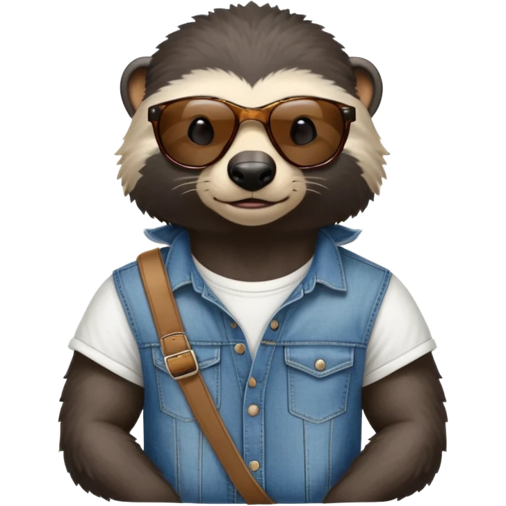 friendly anthropomorphised honey badger in jeans and a t-shirt, wearing sunglasses, head and shoulders view, looking to the side emoji