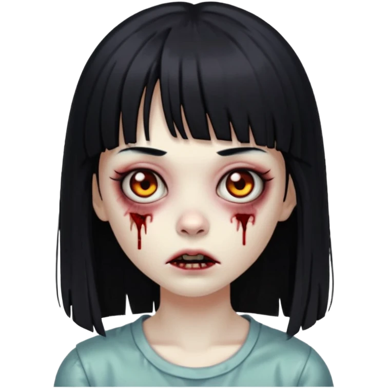 Emoji de uma garota zumbi com os cabelos longos, lisos e pretos. Ela usa uma franja curta. emoji