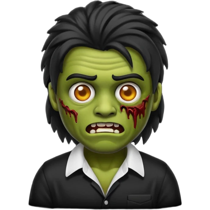 Emoji masculino de zumbi estilo iPhone,com cabelo ondulado mullet e preto, camisa preta e brincos emoji