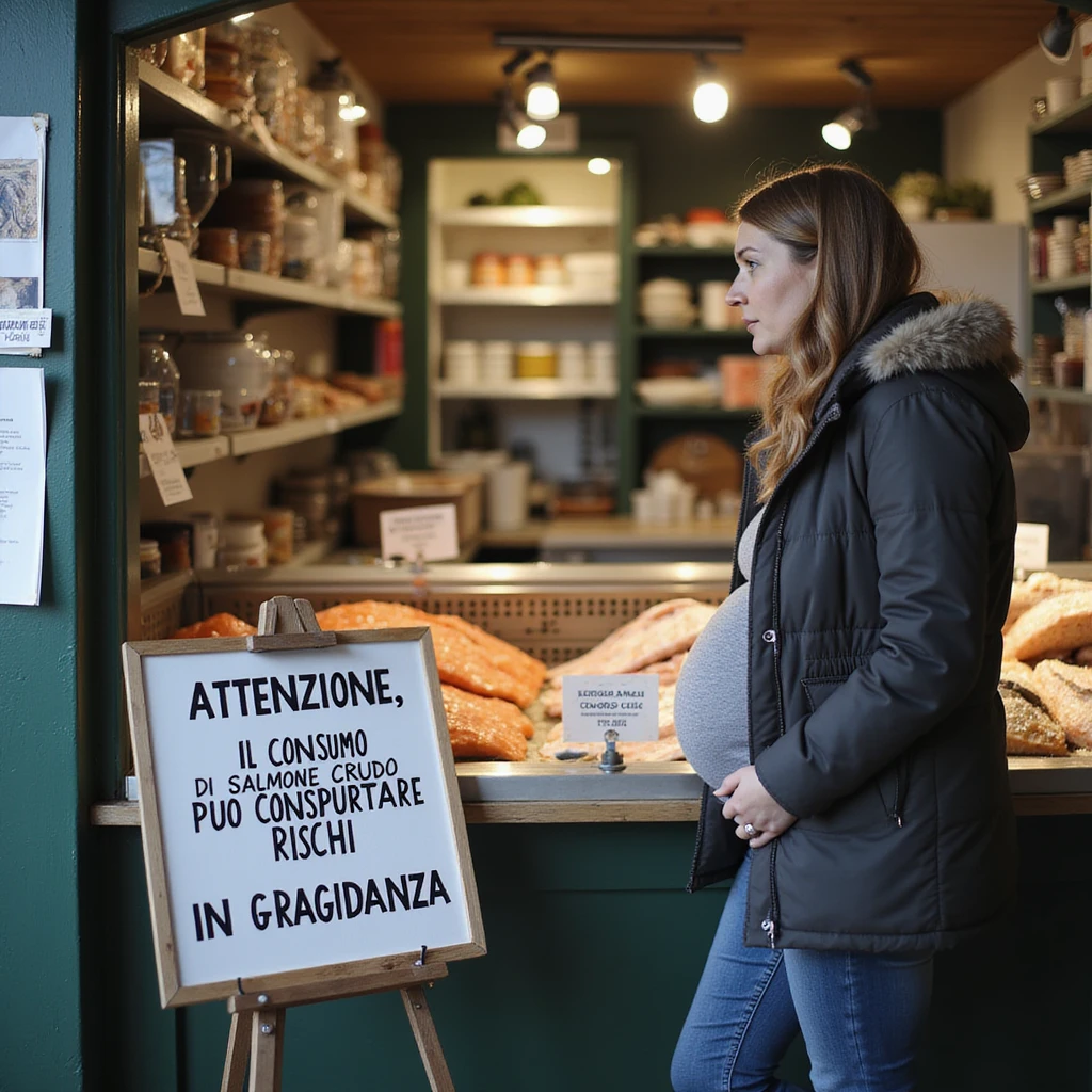 realistic pregnant woman in 4K talking to a fishmonger in front of a sign that says: 'Attenzione, il consumo di salmone crudo puo comportare rischi in gravidanza' emoji