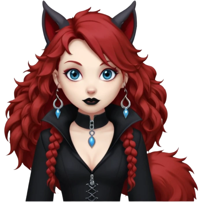 long curly red hair (darker), red pointed ears with black trim, black goth outfits, body and face human, blue eyes, more pointy chin, black lipstick, big fluffy red squirrel tail with black tips, like the attached photo with more outfits and poses,  emoji
