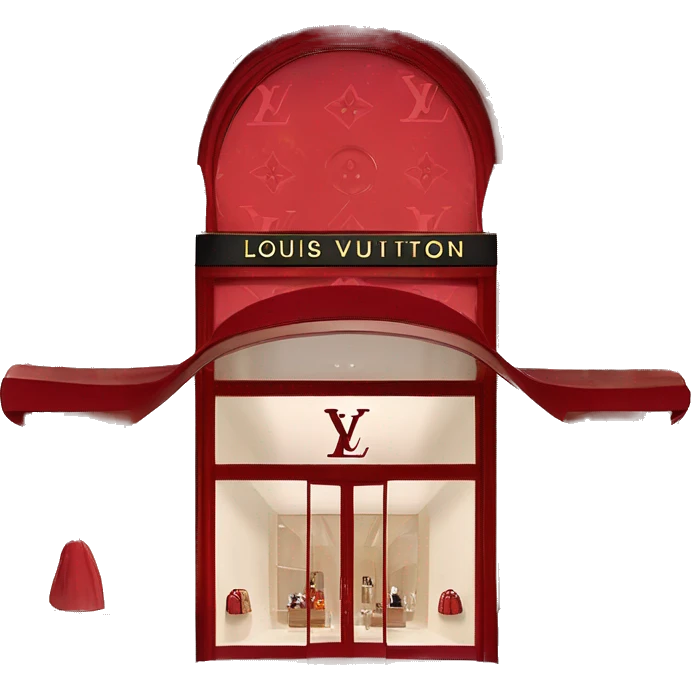 “Louis Vuitton store exterior with a red facade, iconic LV monogram, large glass windows, and elegant entrance doors.” emoji
