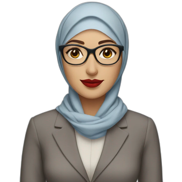 Hijabi white woman with glasses and brown eyes wearing a blue suit and red lipstick emoji