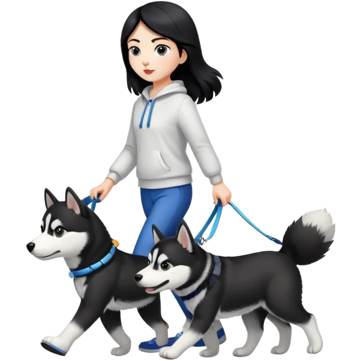 A black-haired girl walking a black and white husky emoji