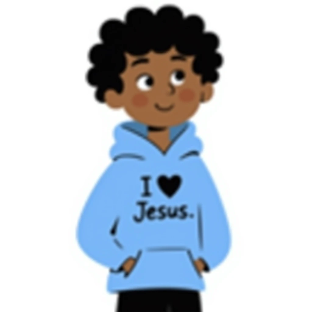 girl with dark skin, short curly dark brown hair, blue hoodie with 'I heart Jesus' on it emoji