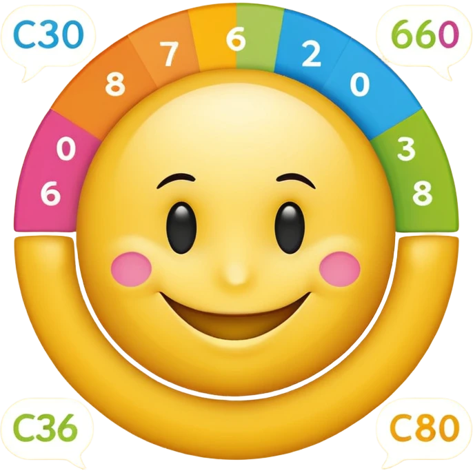 smiley with text: c360, and data visualization charts on the smiley emoji