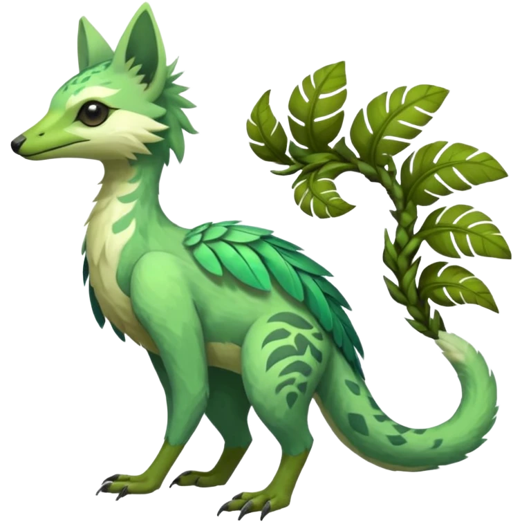  Tropical feathery shamanic cultural Greenish beautiful handsome gorgeous aesthetic colorful vibrant Vernid-Trico-species-Fakemon-creature by LiLaiRa, 4 legs, 1 tail, random markings, (full body) emoji