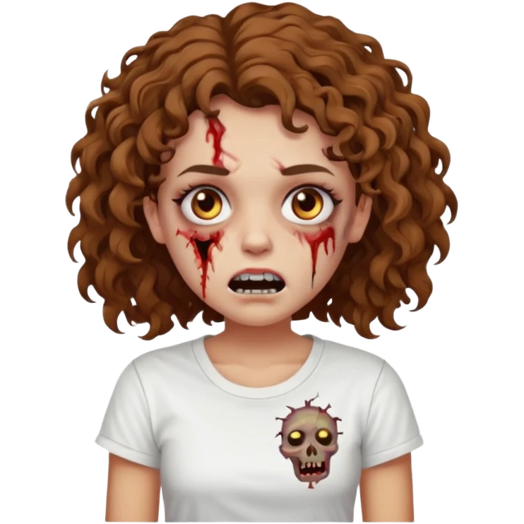 Zombie girl with curly brown hair como emoji de iphone y con la boca un poco lastimada haz que tenga una simple remera blanca puesta emoji