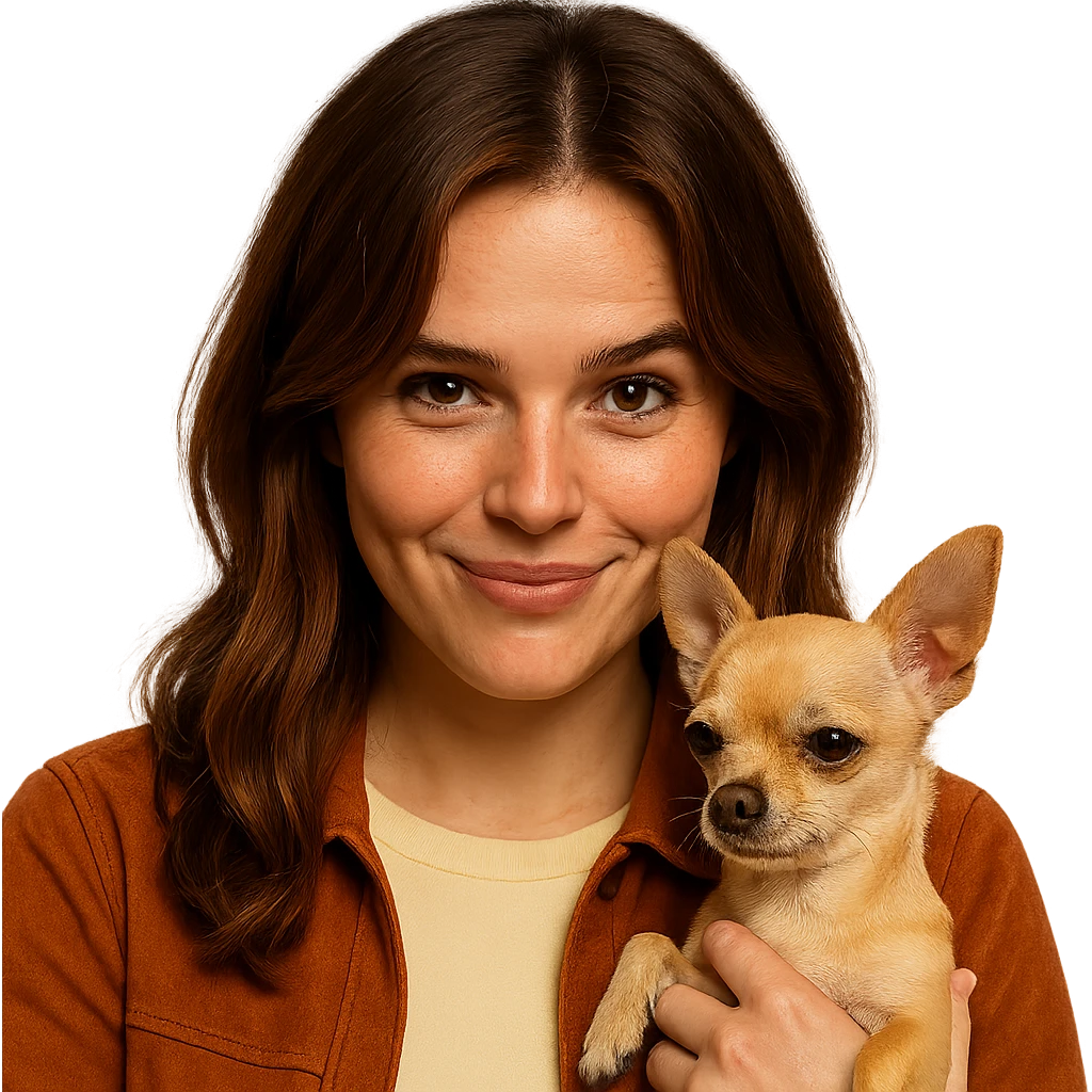 Portrait centered for Instagram profile picture, inspired by the facial features visible in the reference images, with tanned skin and subtle freckles, wearing a shirt color #FFF8CA and a rust-colored jacket, medium-length brown hair with auburn highlights, playful and teasing expression, holding a beige-brown chihuahua, Netflix series style, transparent background, intimate Tenerife ambiance. emoji