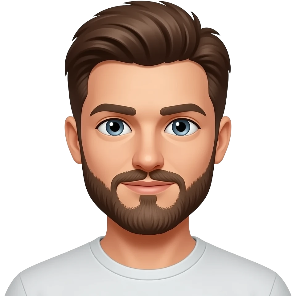 Emoji of a bearded young man with brown hair and gray eyes emoji