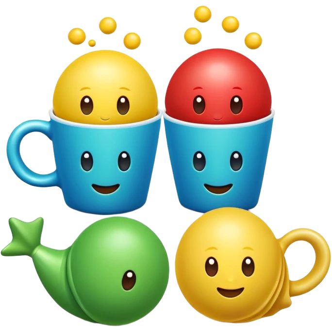 Cute 3D cartoon emoji sticker of a cup and ball shell game with three glossy plastic cups (blue, green, red) and a yellow ball, soft lighting, smooth shadows, playful, white sticker outline, transparent background, high resolution. emoji