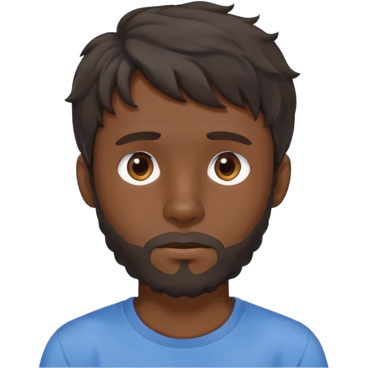 Man with longer dark brown wavy hair past ears with wavy bangs, short beard covering whole face, neutral expression, basic blue t-shirt emoji