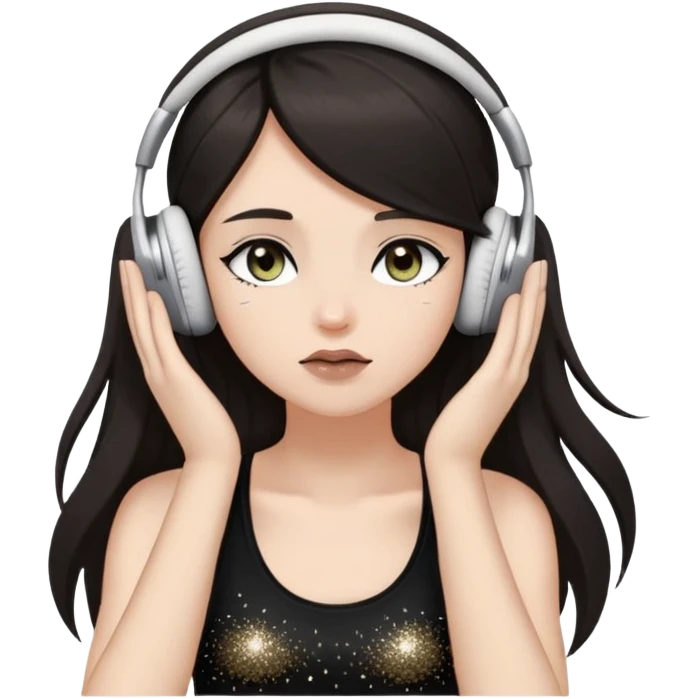 Girl with long dark hair, fair skin tone, wearing a black tank top, has glitter on her eyelids, and taupe lipstick, wearing white headphones, her hands are on her ears, and her hazel eyes are slightly close emoji