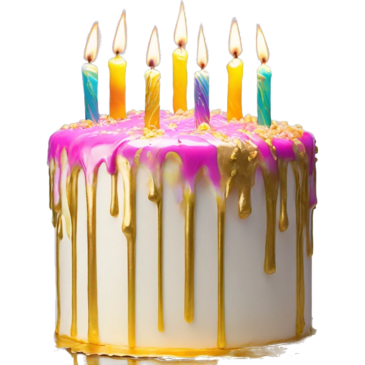 Extravagant iridescent drizzle and gold drizzle birthday cake glowing candles emoji