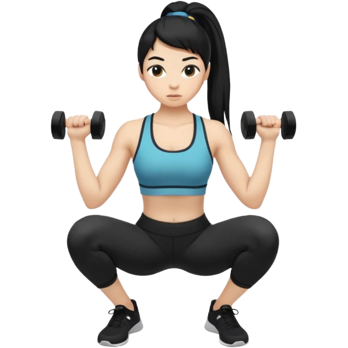 Women with long black ponytail doing a squat with no weights emoji