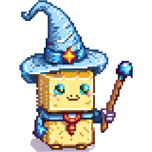 slice of butter dressed as a wizard with a pointed hat and a magic wand emoji