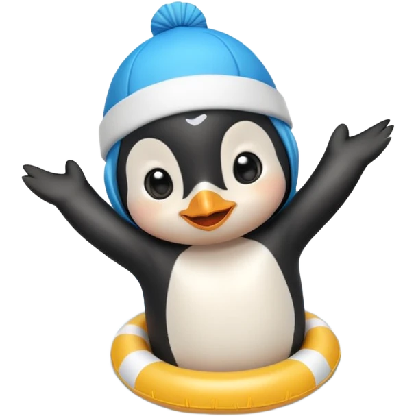 A cheerful penguin swimmer in swim cap, doing a playful backstroke with water rings popping around full body chibi cute
 emoji