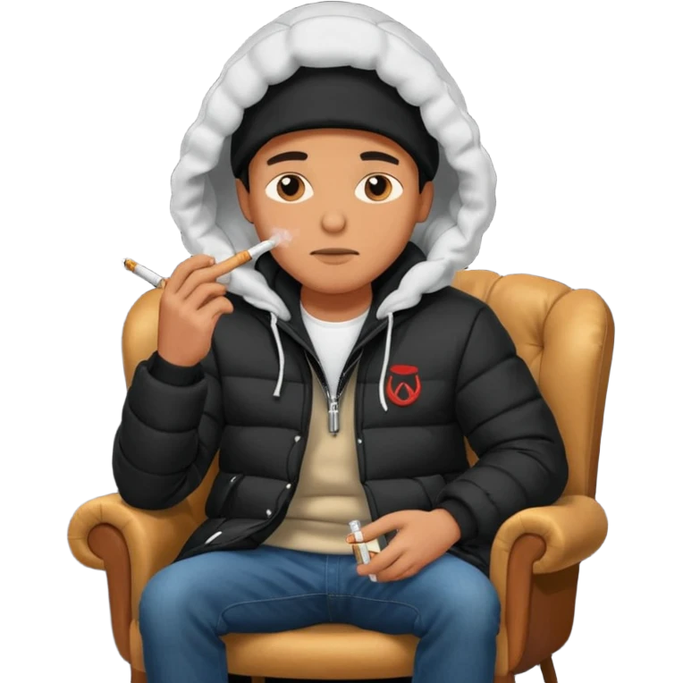 A man sitting on a chair, wearing a black puffed coat with hood, hands in his pocket, smoking a cigaret, he is on a chair i emoji