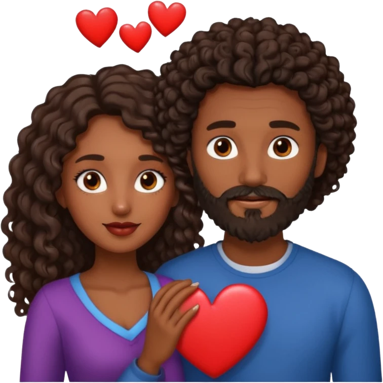 pareja de Mujer morena rizada cabello largo castaño ojos oscuros y hombre piel blanca con caballo oscuro con barba y ojos marron alrededor de la pareja corazones emoji