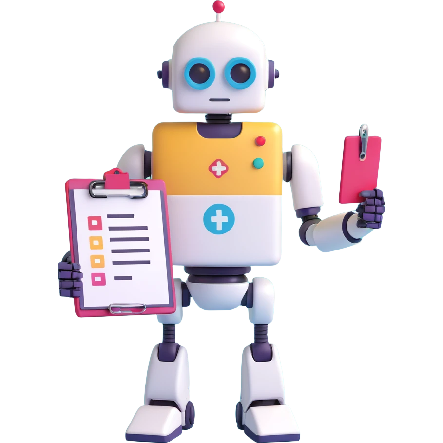 digital robot with a clipboard and a plus sign, Slack color palette, modern easy to recognize profile icon, representing onboarding new company to B2B SaaS LLM evaluation workspace emoji