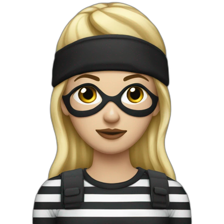 bank robber blonde woman with black beanie hat eye mask and striped shirt emoji