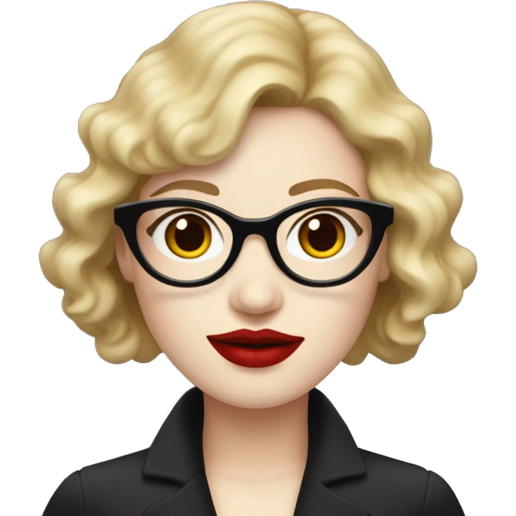 Woman with red wavy bobcut and black cateye glasses, pale skin and red lipstic emoji