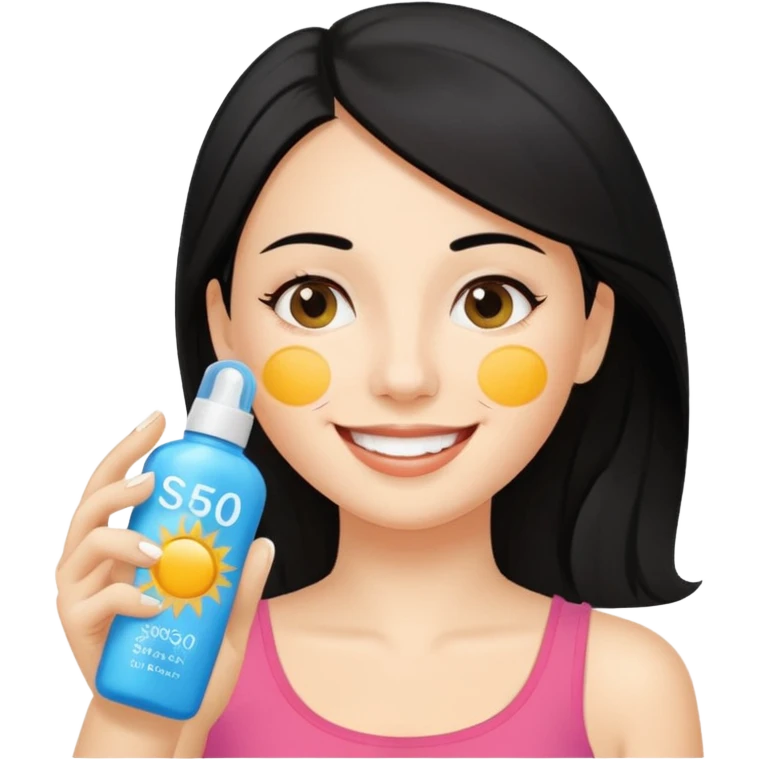 female character with black hair holding sunscreen bottle labeled SPF 50, applying sunscreen to cheek emoji