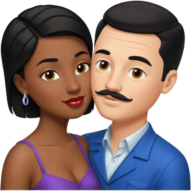 white man, black hair, slicked back, mustache kissing black woman with short black hair emoji emoji