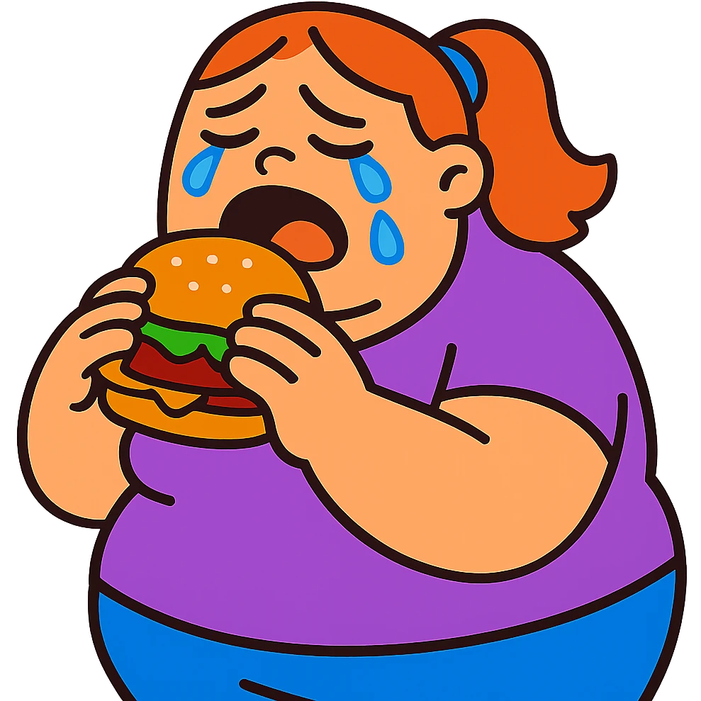 vibrant toon style fat girl crying and eating a burger emoji
