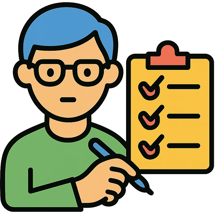 color outline icon of a perfectionist checking a checklist, precise and organized emoji
